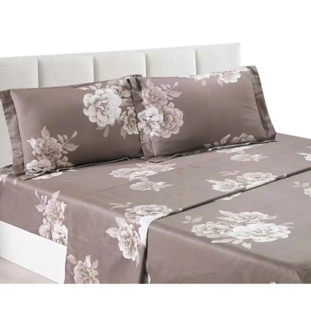 Marrisa Brown Floral 100% Cotton Queen Sheet Set Pillowcase Romantic‎ Elegant